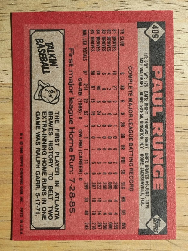 1986 Topps #409 Paul Runge RC