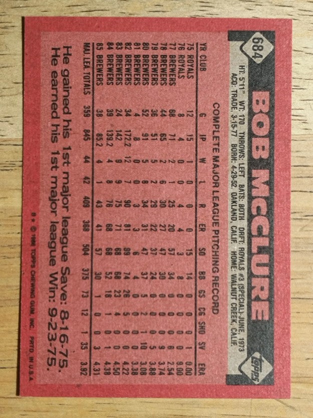 1986 Topps #684 Bob McClure
