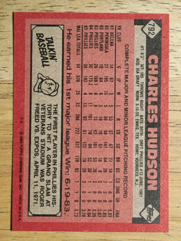 1986 Topps #792 Charles Hudson