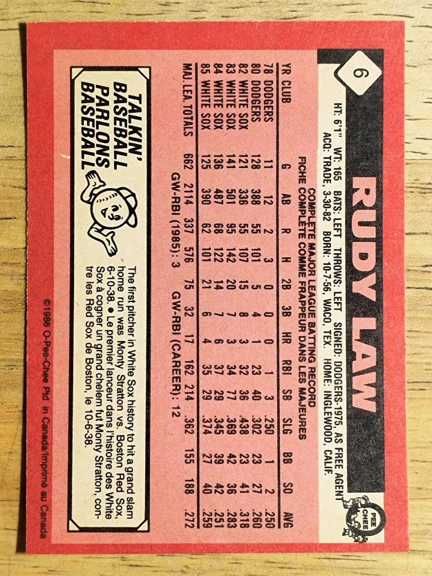 1986 O-Pee-Chee #6 Rudy Law