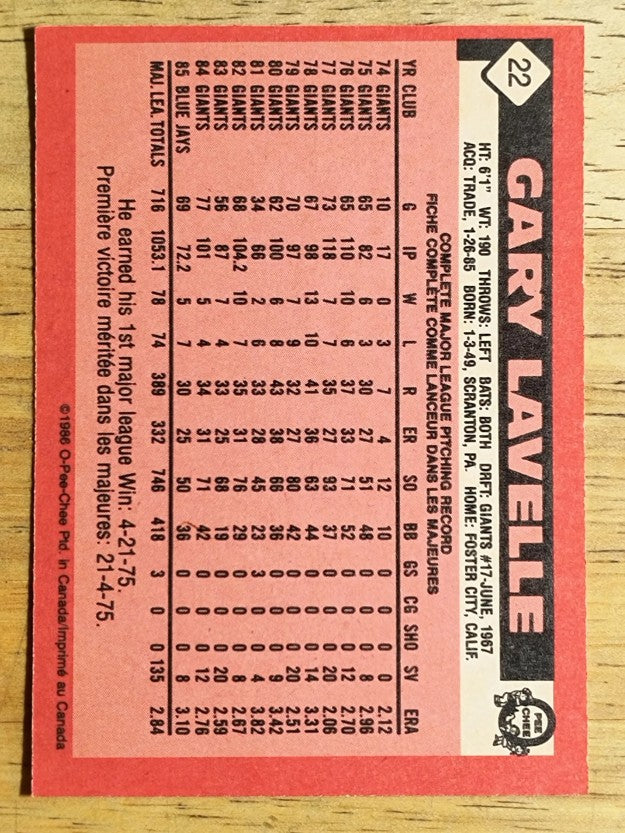 1986 O-Pee-Chee #22 Gary Lavelle