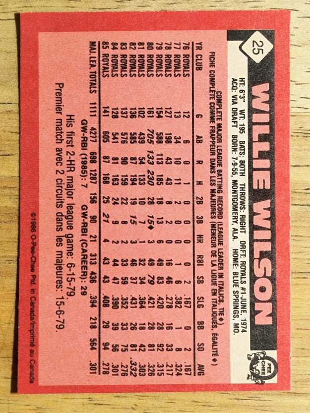 1986 O-Pee-Chee #25 Willie Wilson