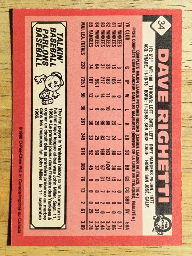 1986 O-Pee-Chee #34 Dave Righetti