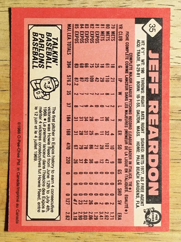 1986 O-Pee-Chee #35 Jeff Reardon