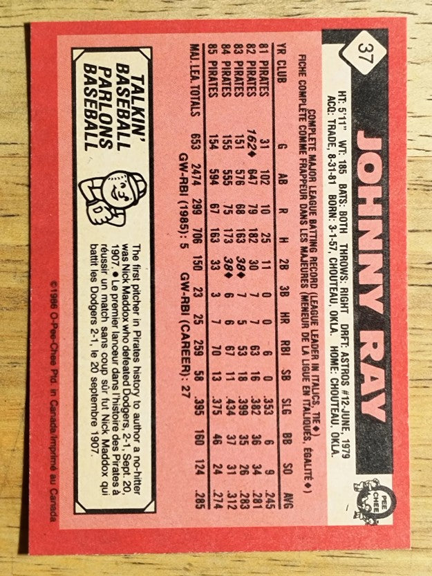 1986 O-Pee-Chee #37 Johnny Ray