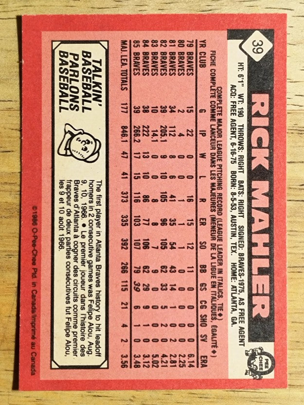 1986 O-Pee-Chee #39 Rick Mahler