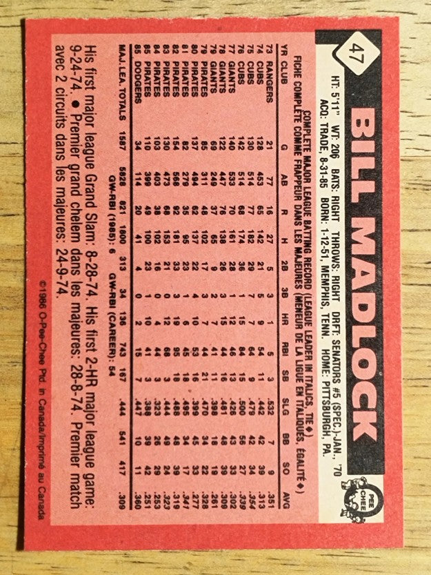 1986 O-Pee-Chee #47 Bill Madlock