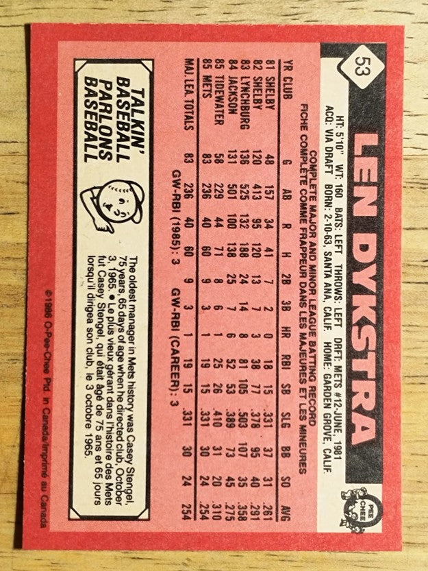 1986 O-Pee-Chee #53 Len Dykstra RC