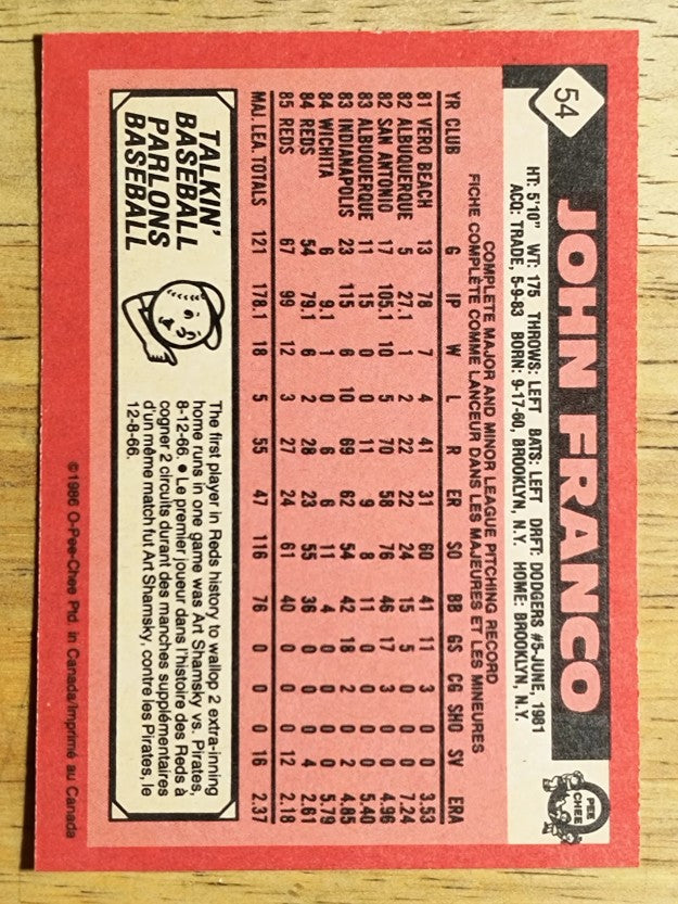 1986 O-Pee-Chee #54 John Franco