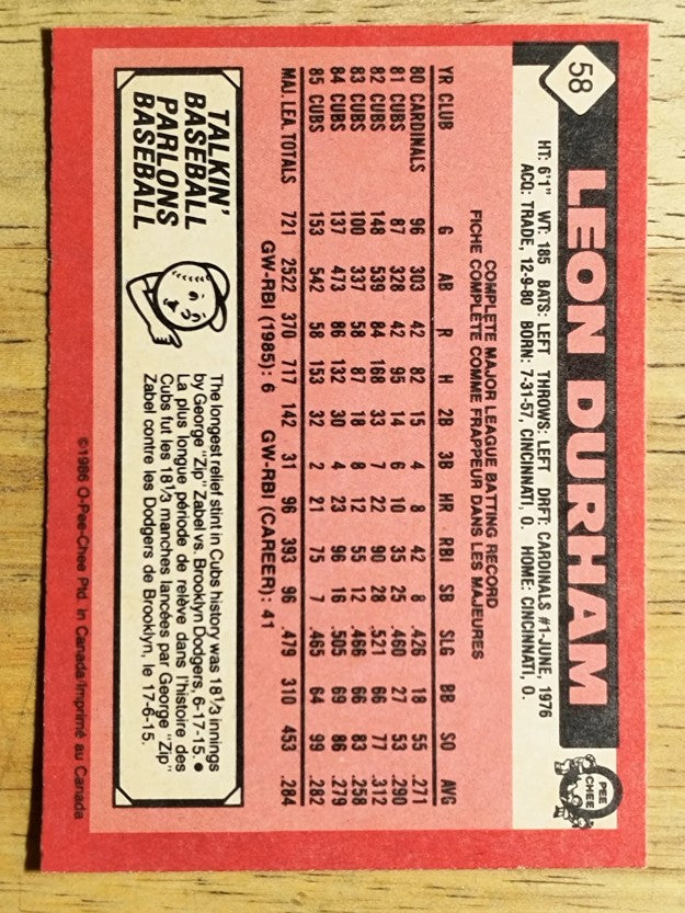1986 O-Pee-Chee #58 Leon Durham