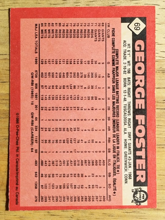 1986 O-Pee-Chee #69 George Foster
