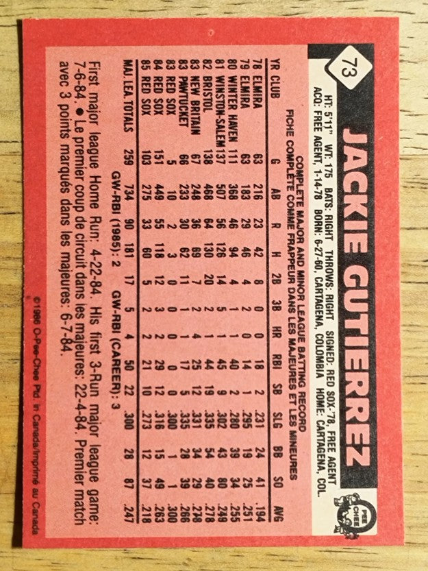 1986 O-Pee-Chee #73 Jackie Gutierrez