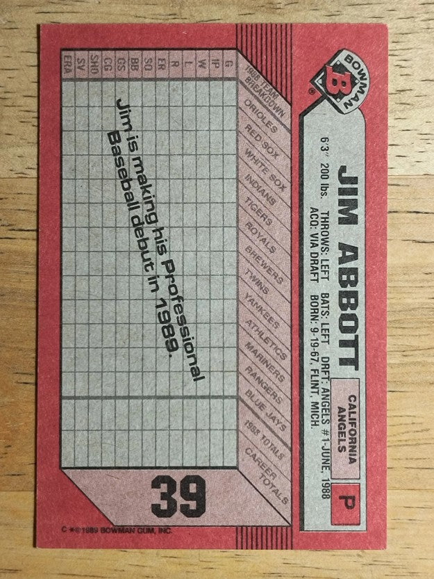1989 Bowman #39 Jim Abbott RC