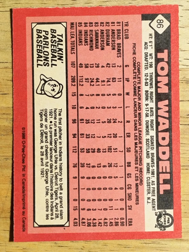 1986 O-Pee-Chee #86 Tom Waddell