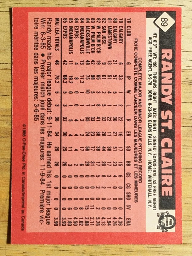 1986 O-Pee-Chee #89 Randy St. Claire