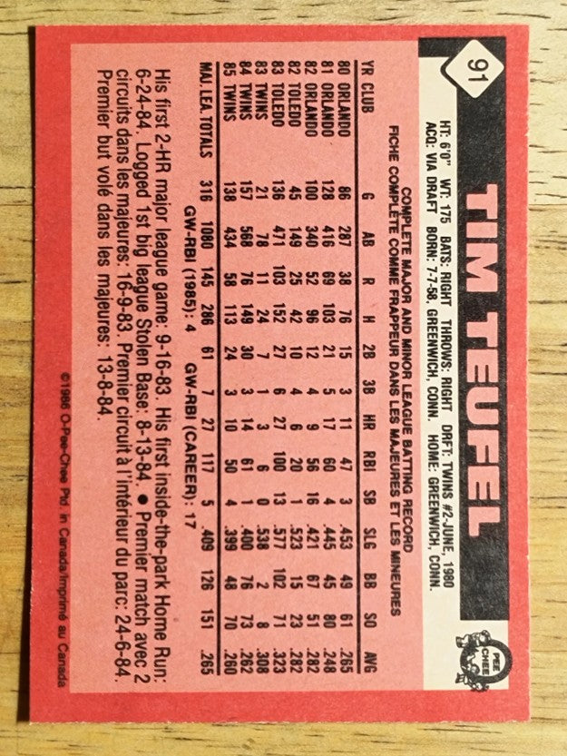 1986 O-Pee-Chee #91 Tim Teufel