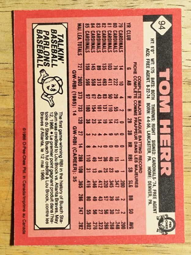 1986 O-Pee-Chee #94 Tom Herr