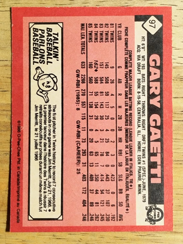 1986 O-Pee-Chee #97 Gary Gaetti