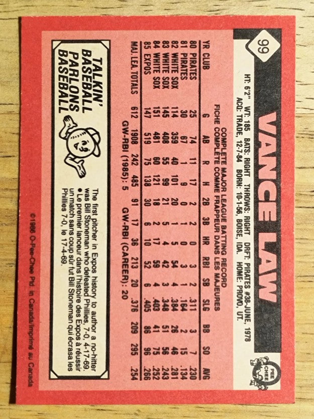 1986 O-Pee-Chee #99 Vance Law