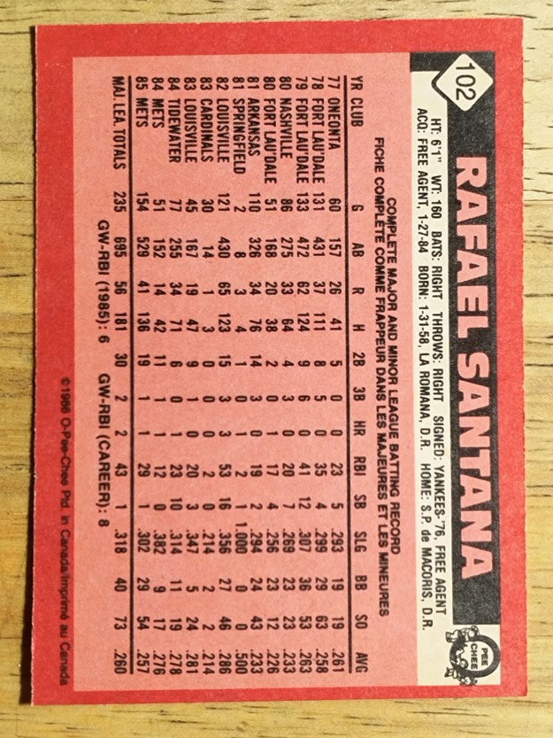 1986 O-Pee-Chee #102 Rafael Santana