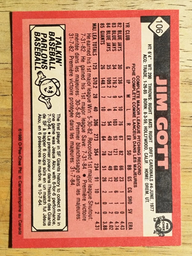 1986 O-Pee-Chee #106 Jim Gott