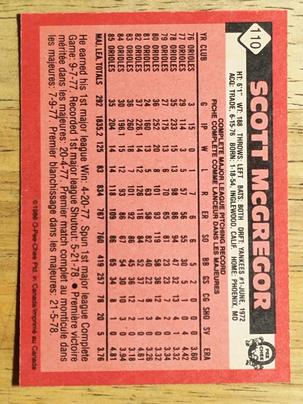 1986 O-Pee-Chee #110 Scott McGregor