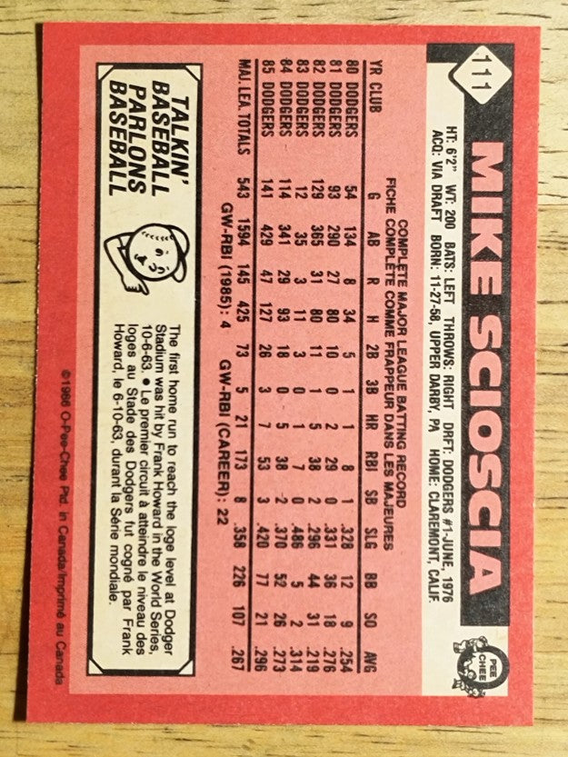1986 O-Pee-Chee #111 Mike Scioscia