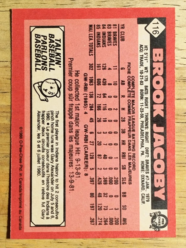 1986 O-Pee-Chee #116 Brook Jacoby