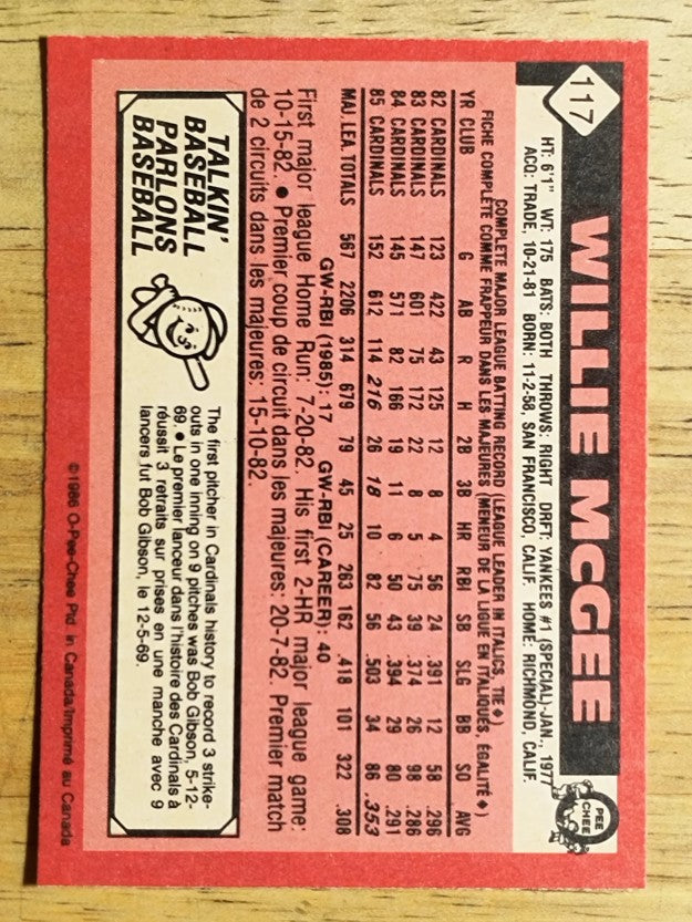 1986 O-Pee-Chee #117 Willie McGee
