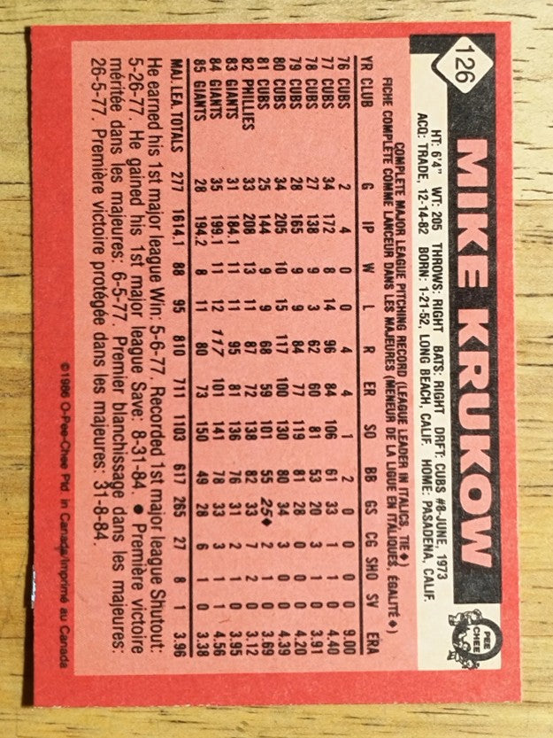 1986 O-Pee-Chee #126 Mike Krukow