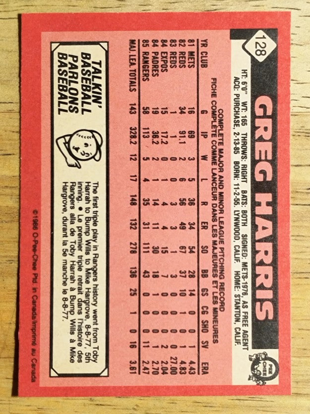 1986 O-Pee-Chee #128 Greg Harris