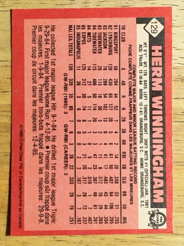 1986 O-Pee-Chee #129 Herm Winningham
