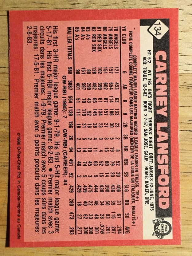 1986 O-Pee-Chee #134 Carney Lansford