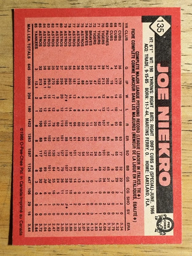 1986 O-Pee-Chee #135 Joe Niekro