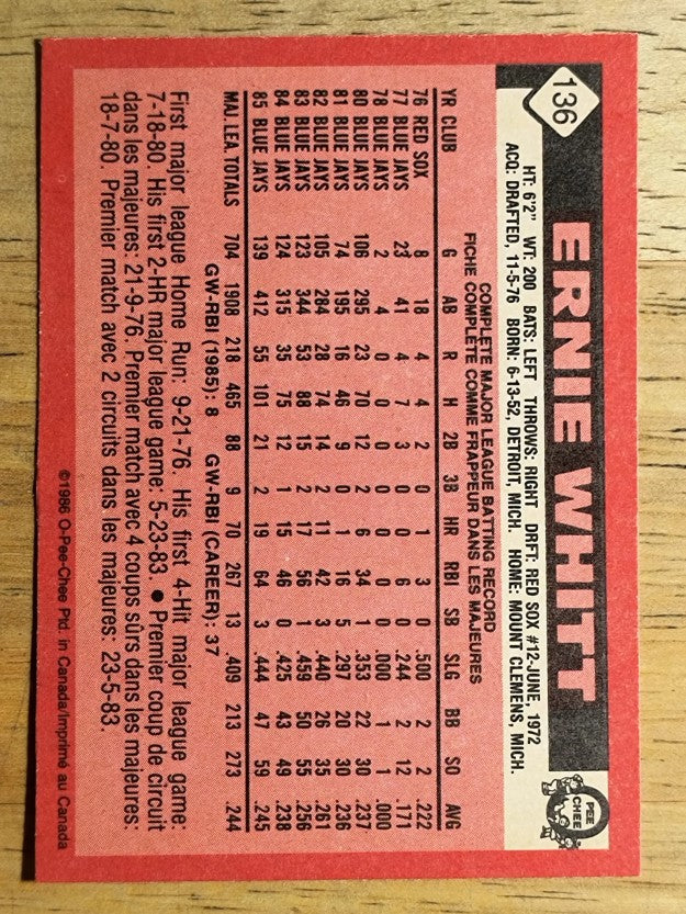 1986 O-Pee-Chee #136 Ernie Whitt