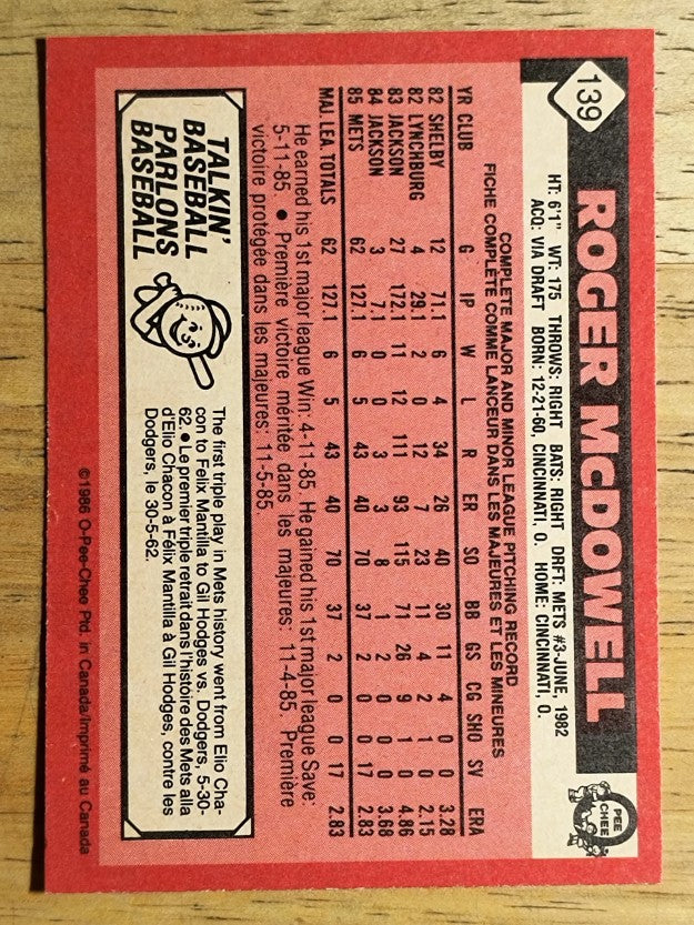 1986 O-Pee-Chee #139 Roger McDowell
