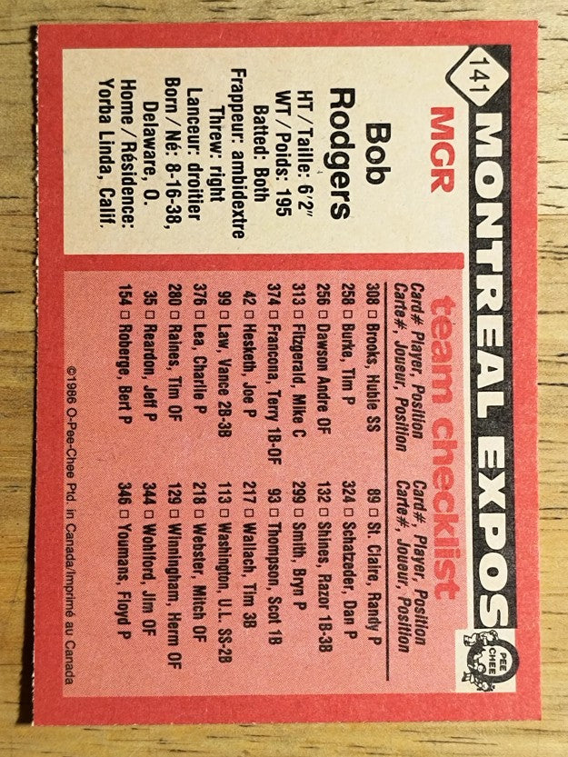 1986 O-Pee-Chee #141 Bob Rodgers MG CL
