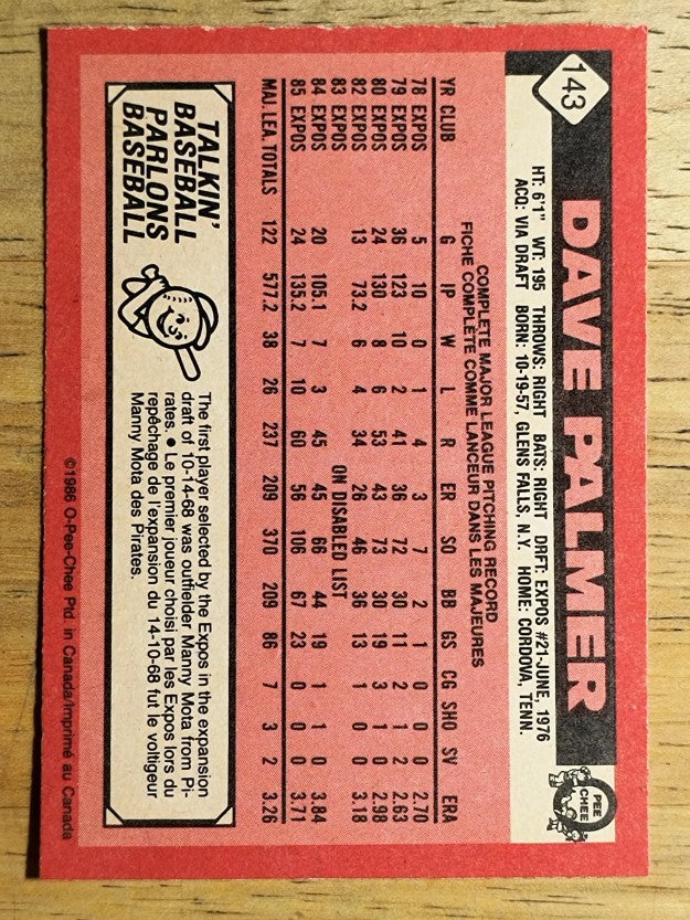 1986 O-Pee-Chee #143 Dave Palmer