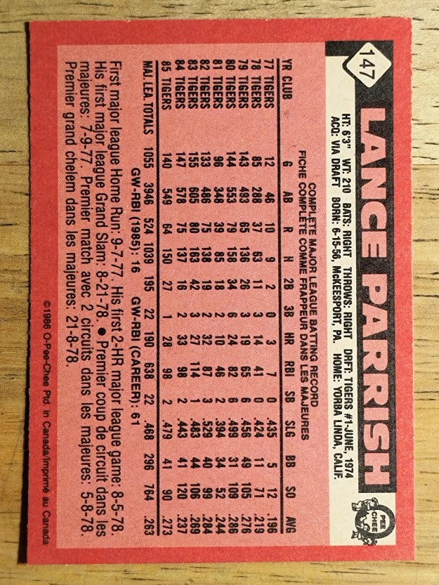 1986 O-Pee-Chee #147 Lance Parrish