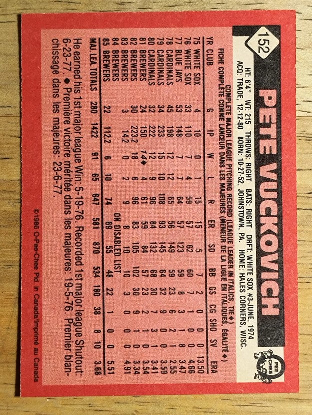 1986 O-Pee-Chee #152 Pete Vuckovich