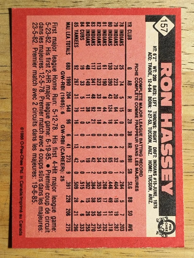1986 O-Pee-Chee #157 Ron Hassey