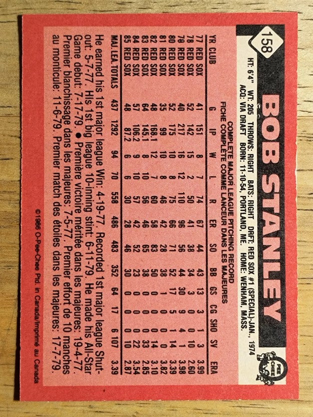 1986 O-Pee-Chee #158 Bob Stanley