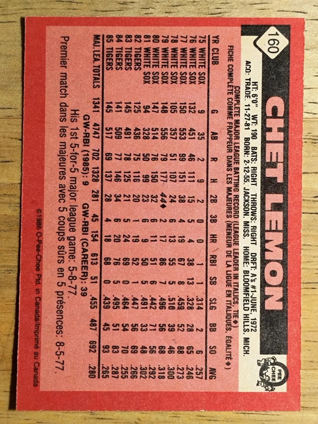 1986 O-Pee-Chee #160 Chet Lemon