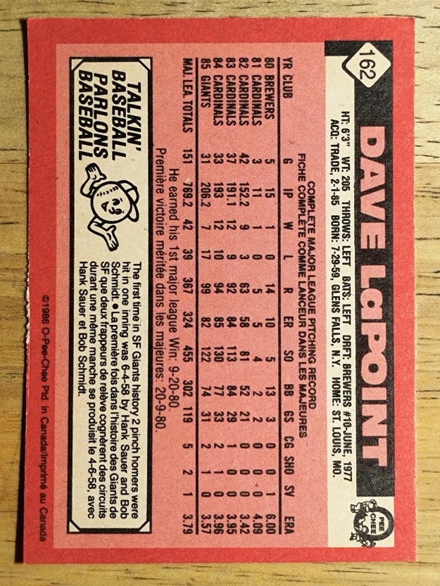1986 O-Pee-Chee #162 Dave LaPoint