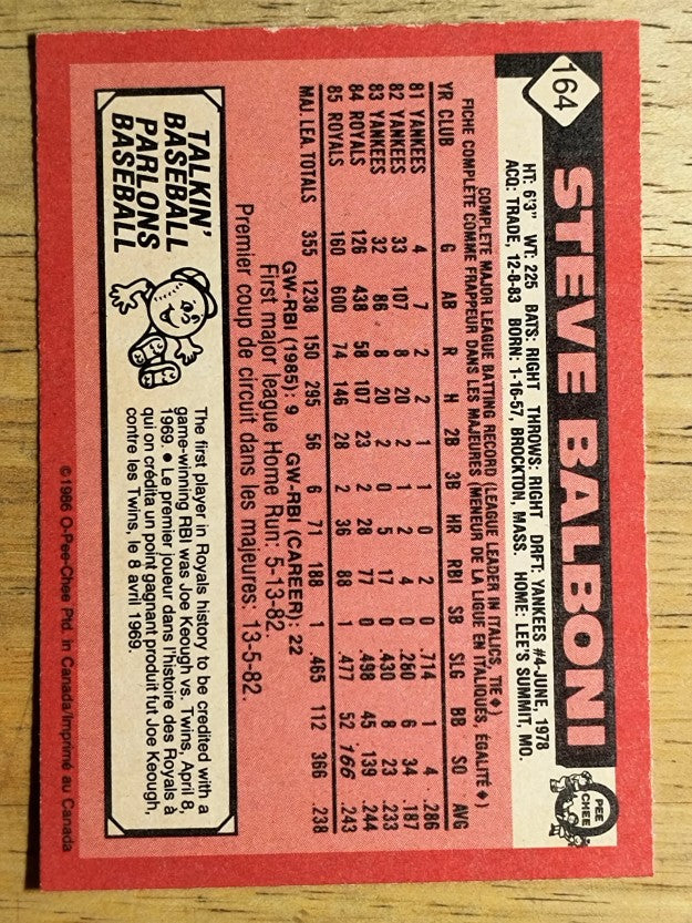 1986 O-Pee-Chee #164 Steve Balboni