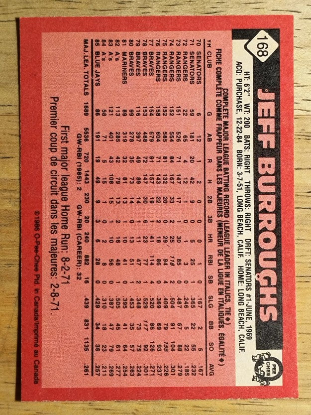 1986 O-Pee-Chee #168 Jeff Burroughs