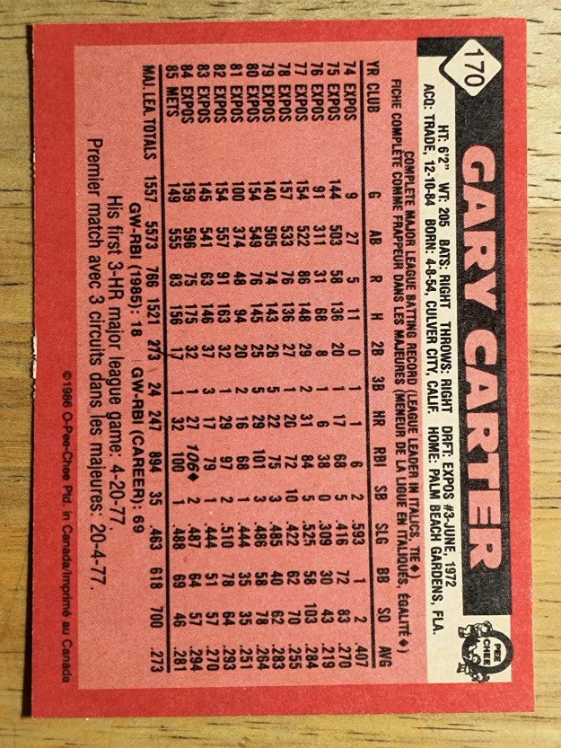 1986 O-Pee-Chee #170 Gary Carter