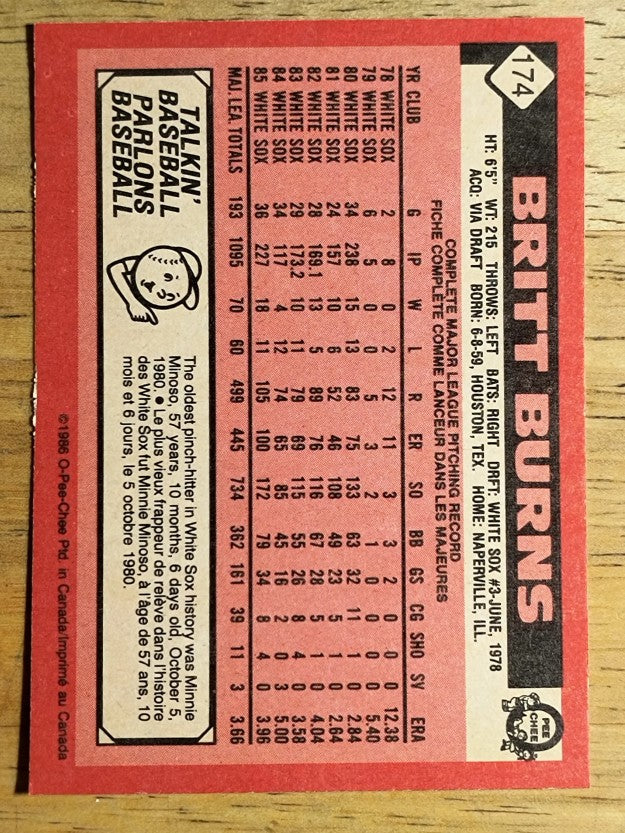 1986 O-Pee-Chee #174 Britt Burns