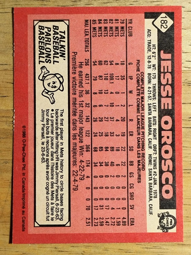 1986 O-Pee-Chee #182 Jesse Orosco