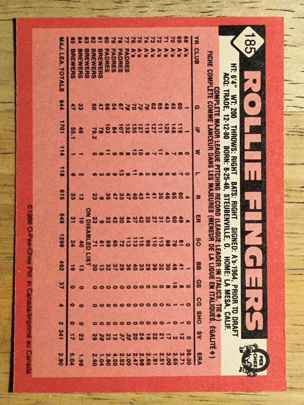 1986 O-Pee-Chee #185 Rollie Fingers